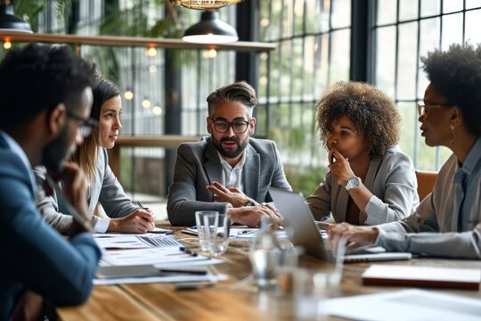 Diverse executive businesspeople discuss corporation financial plan at boardroom meeting table. Multiracial team negotiate project developing business, Generative AI 