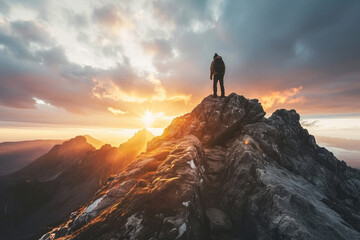 A lone hiker stands on the summit of a rugged mountain peak at sunrise, overlooking a vast, inspiring landscape.
