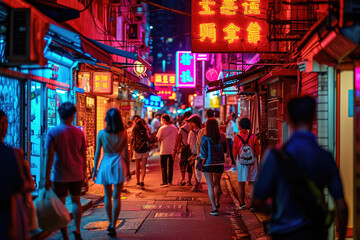 Vibrant night scene with pedestrians walking in an Asian city street lined with neon signs and local shops.
