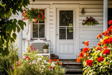 Cozy home entrance with a white door, surrounded by vibrant summer flowers and greenery, evoking a welcoming and peaceful atmosphere.