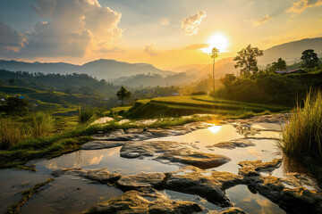 Golden sunset over terraced rice fields with reflections in water and lush green hills, showcasing rural natural beauty.