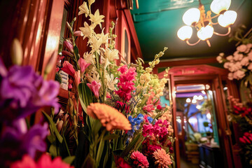 Fototapeta na wymiar A cozy interior filled with vibrant flowers under warm chandelier lighting, capturing a welcoming and decorative ambiance.