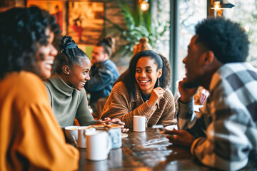 A diverse group of young adults enjoying a warm conversation over coffee in a cozy cafe setting. - obrazy, fototapety, plakaty