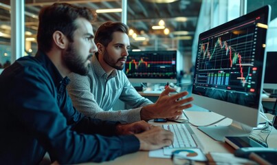 Two diverse crypto traders brokers stock exchange market investors discussing trading charts research reports growth using pc computer looking at screen analyzing invest strategy, Generative AI  - obrazy, fototapety, plakaty