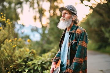 Active cool bearded old hipster man standing in nature park holding skateboard. Mature traveler skater enjoying freedom spirit and extreme sports hobby leisure lifestyle, authentic, Generative AI  - obrazy, fototapety, plakaty