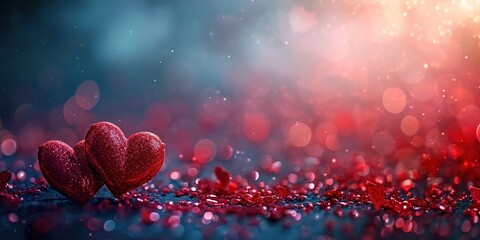 Valentines day background banner - abstract panorama background with red hearts - concept love, bokeh, Generative Ai - obrazy, fototapety, plakaty