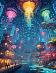 Underwater city of glowing vibrant bioluminescence jelly fish 