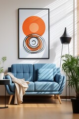 Blue couch and orange artwork in living room