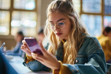 Teen girl gen z student using mobile phone looking at smartphone sitting at desk in university college campus classroom. Young blonde woman holding cellphone modern tech, Generative AI  - obrazy, fototapety, plakaty