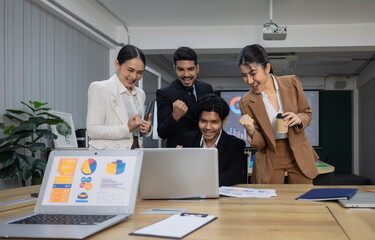 Asian agile business team excels, earns praise ,celebrates milestone with client delight.