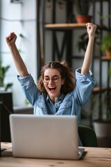 Young happy business woman office worker student feeling excited raising hands winning online...