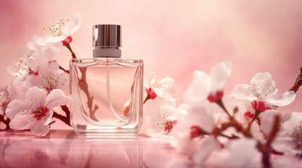 Obraz na płótnie Canvas Cherry blossoms on a pink background and perfumes bottle