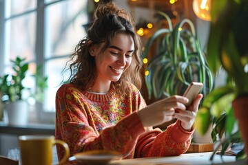 Young happy smiling pretty woman sitting at table holding smartphone using cellphone modern technology, looking at mobile phone while remote working or learning, texting messages, Generative AI  - obrazy, fototapety, plakaty