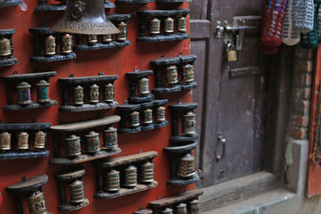 prayer wheels of wall on the street in Bhaktapur durbar square