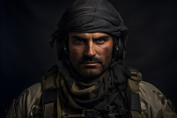 Fototapeta premium studio portrait of fully kitted special forces soldier on a black background