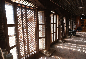 exterior of National Art Museum of Bhaktapur, a newar windows. it is one of museum in Bhaktapur durbar square.