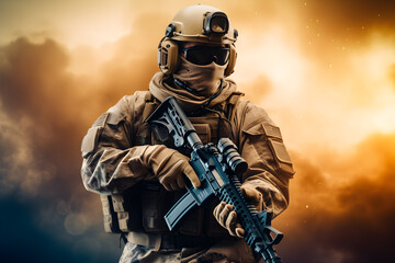 fully kitted special forces soldier on a bright background - obrazy, fototapety, plakaty