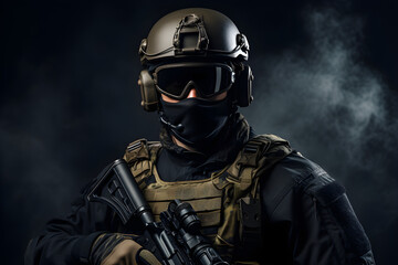 fully kitted special forces soldier on a dark background