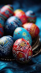 Fototapeta na wymiar Easter eggs painted in blue color. Vertical holiday banner