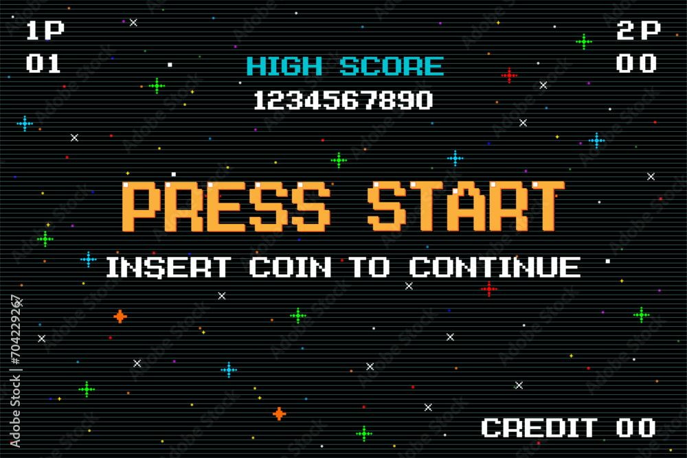 Poster press start insert a coin to continue. pixel art .8 bit game. retro game. for game assets in vector 