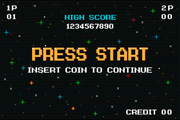 PRESS START INSERT A COIN TO CONTINUE. pixel art .8 bit game. retro game. for game assets in vector illustrations. 