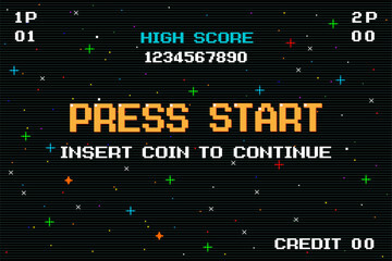PRESS START INSERT A COIN TO CONTINUE. pixel art .8 bit game. retro game. for game assets in vector illustrations.	