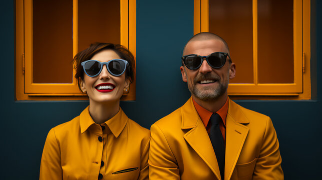 Couple dressed in rain gear under a window - happy - smiling - quirky humor- offbeat 