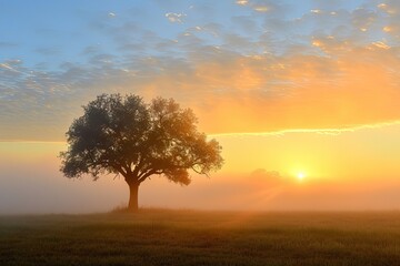 Fototapeta na wymiar Serene sunrise bliss. Breathtaking nature landscape with sun peeking misty trees creating perfect harmony of sunlight morning fog and summer fields ideal for evoking tranquility and beauty in outdoor