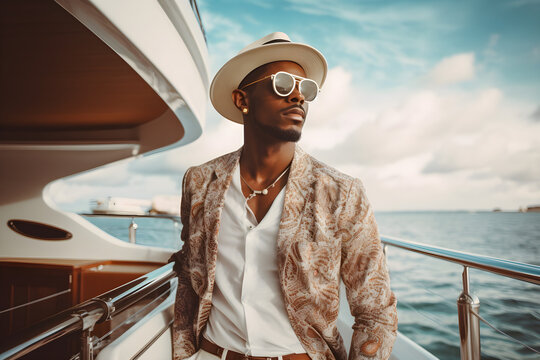 portrait of a stylish modern black man wearing elegant high-fashion clothes on vacation