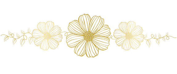 Decorative golden flowers, design elements. Golden floral background in line art style.