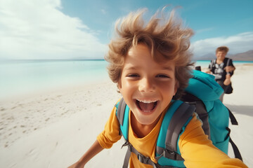Fototapeta na wymiar Happy traveller child with backpack taking selfie picture - Travel blogger Life style and technology concept