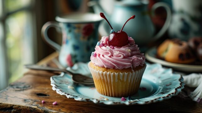 Cupcake topped with pink cream and cherry in a clean backdrop, Generative AI.
