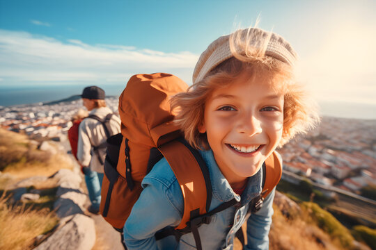 Happy traveller child with backpack taking selfie picture - Travel blogger Life style and technology concept