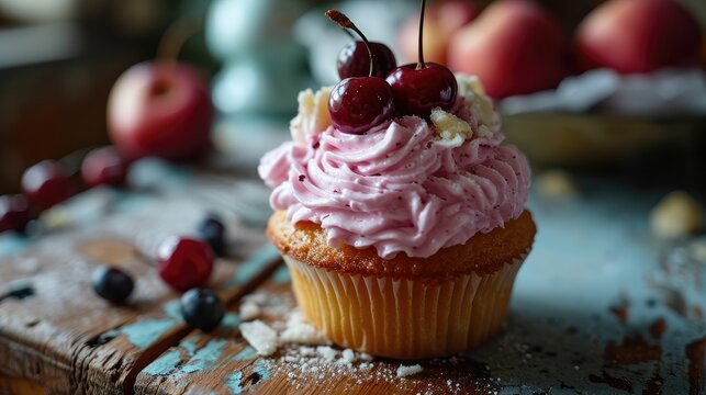 Cupcake topped with pink cream and cherry in a clean backdrop, Generative AI.