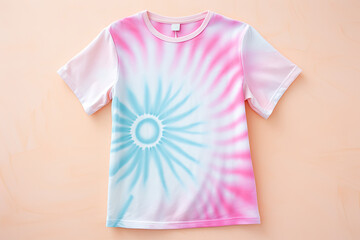A light tie dye T-shirt on a beige background.