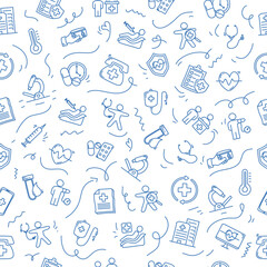 Naklejka premium Seamless pattern with health checkup doodle elements. Health checkup pattern vector illustration.