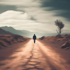 Alone man, landscape. walking man
