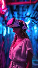Portrait of an attractive young woman watching VR in neon light room, Generative AI.