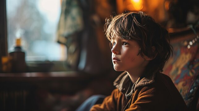 Portrait Of Sad Asian Boy Sitting Near Window A Poor Boy, Generative AI.