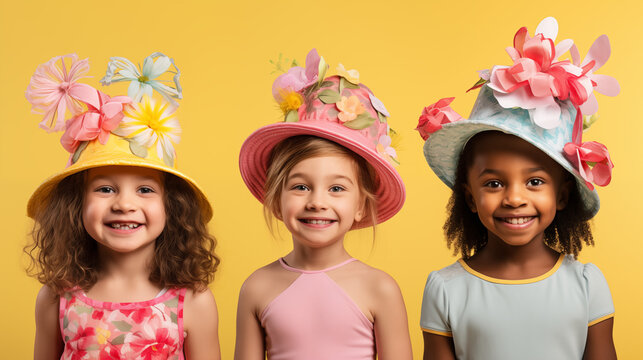 Cute girls with Easter festive hats on yellow background.