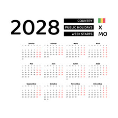 Calendar 2028 French language with Mali public holidays. Week starts from Monday. Graphic design vector illustration.