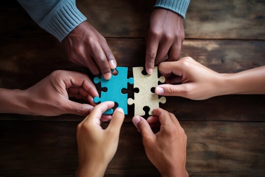 Diverse hands holding puzzle pieces together