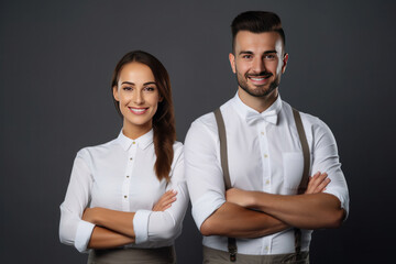 Portrait of Young smiling waiter and beautiful waitress in white shirts and vests sstanding back to back while happily looking in camera with arms folded on white background.