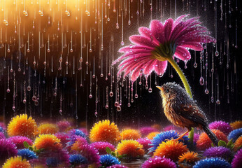 bird uder umbrella and heavy rain background winter autumn spring protection - ai generated