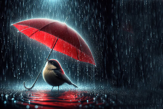 bird under umbrella and heavy rain background winter autumn spring protection - ai generated