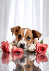 Cute dog with flower on valentines day on colour backgroundมstudio photo for card, banner or invitation