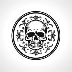 minimalistic round logo emblem symbol with a black skull on white isolated background