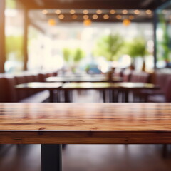 An empty wooden table in a restaurant with a blurred background