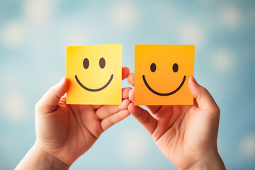 Mental Health Assessment ,Promoting Mental Health Positivity and Satisfaction concept : Hand Holding Paper Cut Smiley Face Reflects Satisfaction and Rating in Wellness Assessment