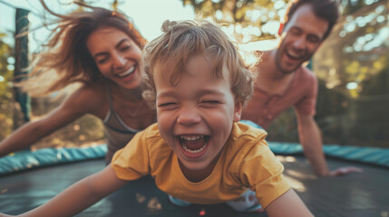 Happy Family Joyfully Playing on a Trampoline in Bonding Moments - obrazy, fototapety, plakaty